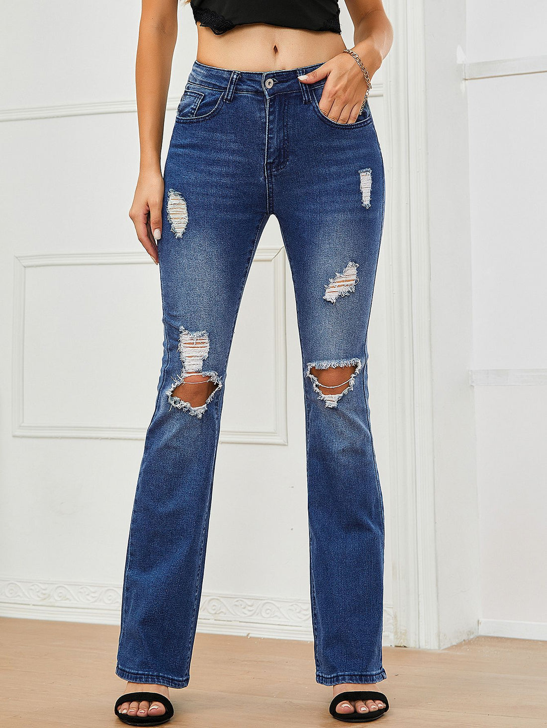 Zoe Stretch Denim Ripped Flared Jeans