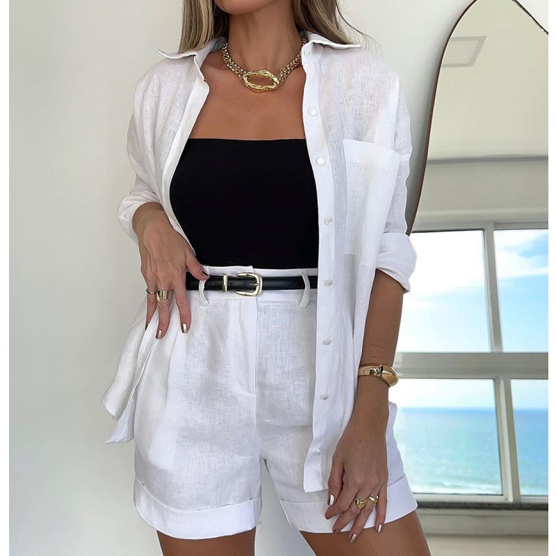 Helena Casual Long Sleeve Shirt and Shorts Two Piece Set