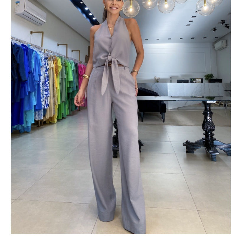 Alica Sleeveless Hollow Out Wide Leg Pants Two Piece Set