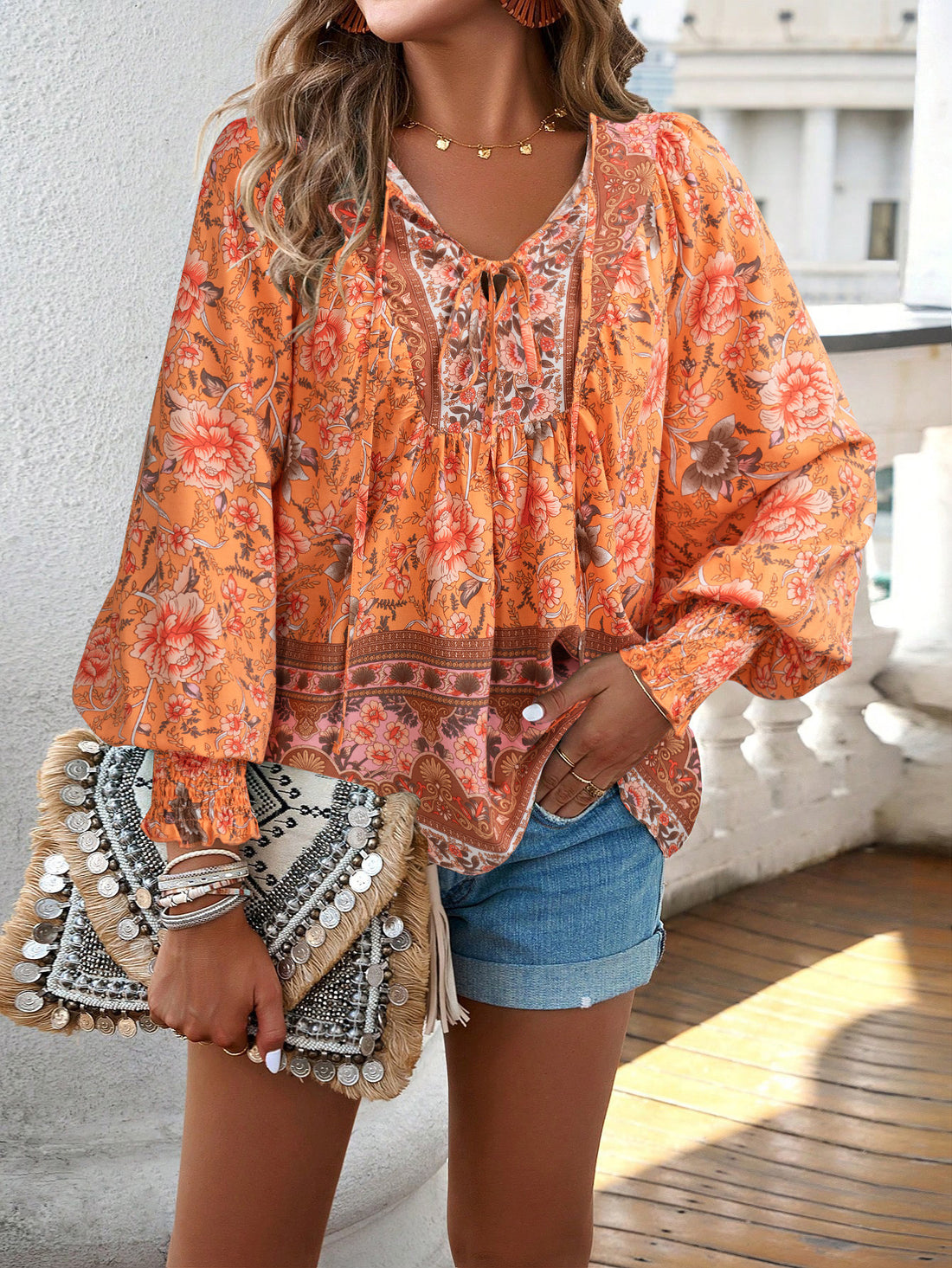 Anna Printed V Neck Top