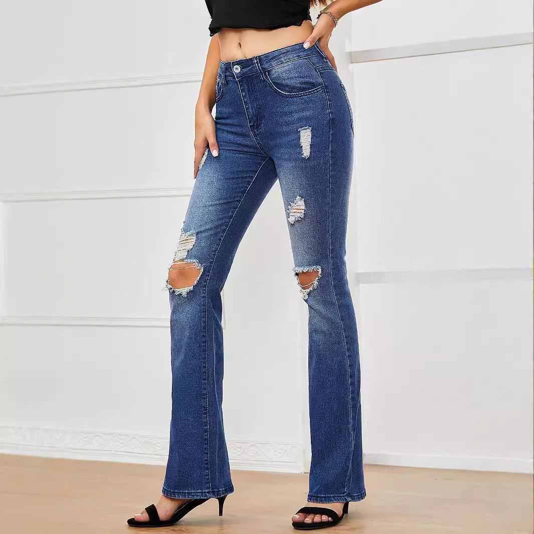 Zoe Stretch Denim Ripped Flared Jeans