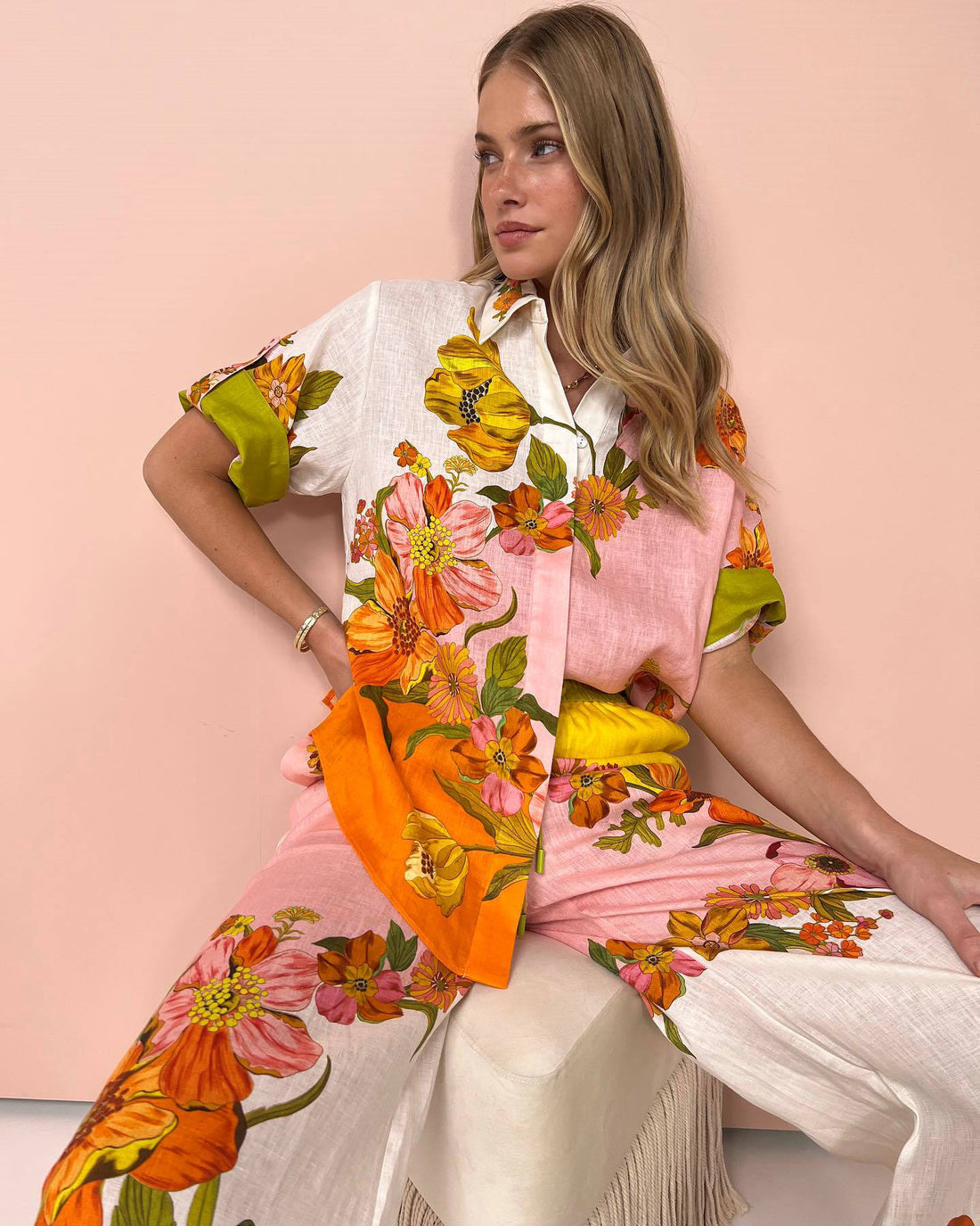 Amanda Printed Cotton Linen Two-Piece Pant Suit
