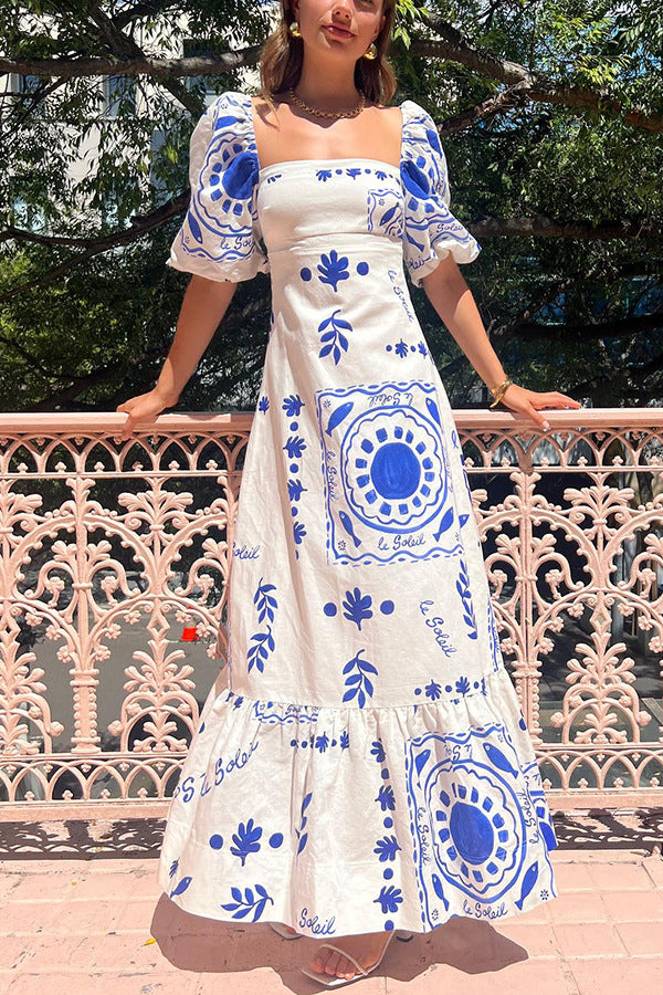 Simi Casual Printed Linen Dress XL / Blue Simi Casual Printed Linen Dress XL / Blue
