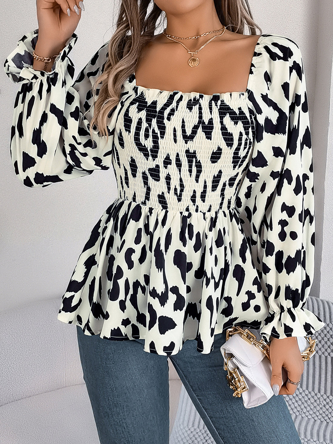 Lisa Square Collar Print Long Top