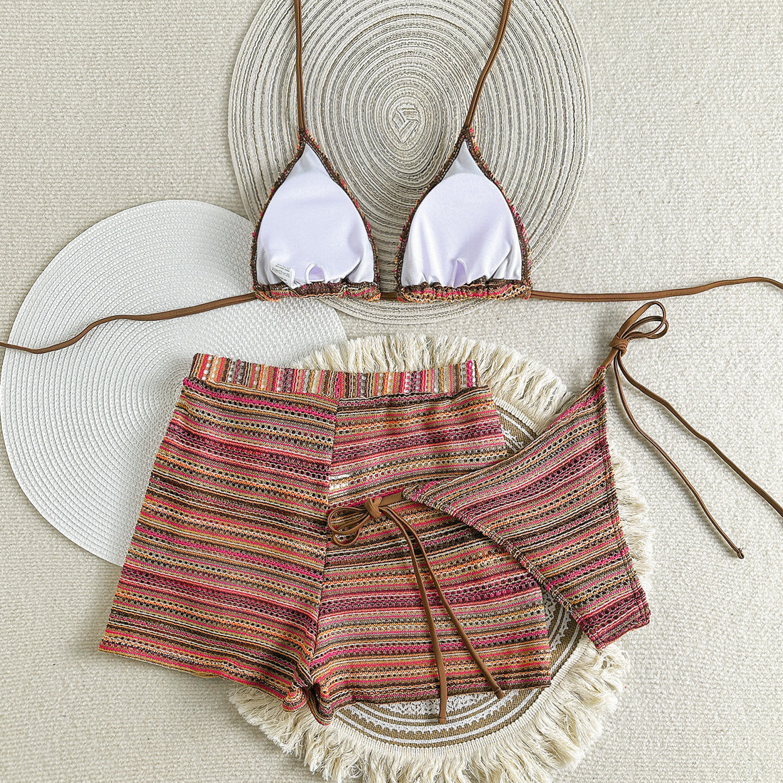 Tara Knitted Three Piece Swimsuit Bikini With Shorts