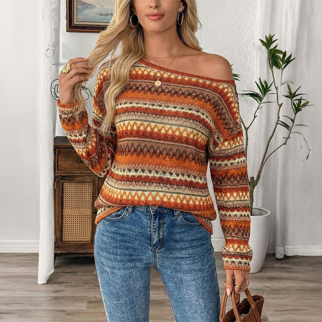 Zena BOHO Striped Off Shoulder Knitted Top