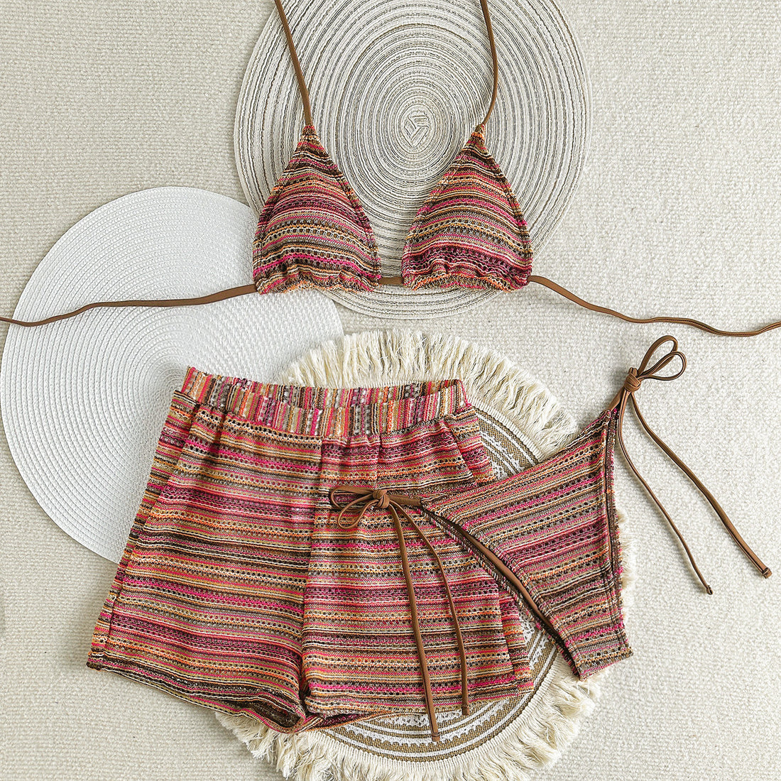Tara Knitted Three Piece Swimsuit Bikini With Shorts
